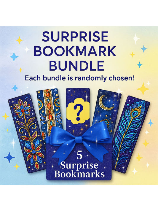 Surprise Bookmark Bundle: 5 randomly chosen sparkling diamond painting bookmarks with tassels, in a blue gift box.