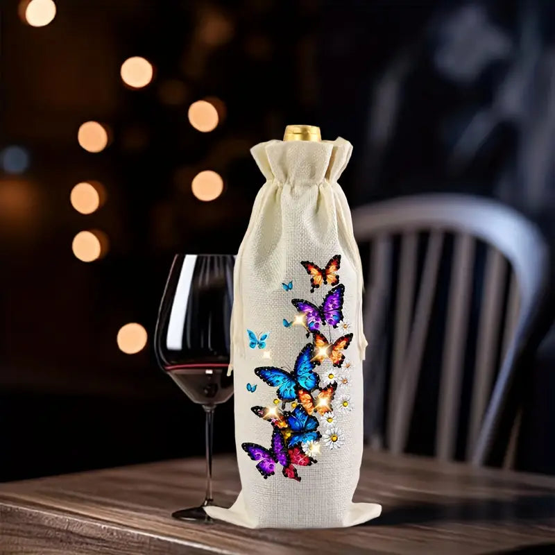 A diamond painted linen wine bag with a design of colorful butterflies and daisies next to a wine glass on a wooden table
