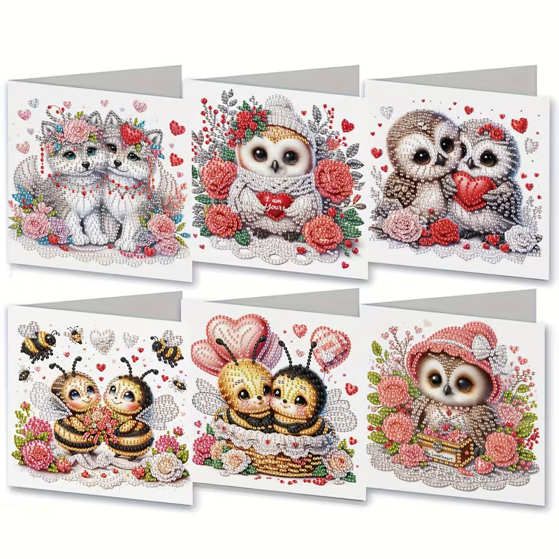 Set of six diamond painting cards featuring animals and flowers on a white background.