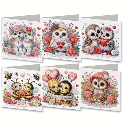 Set of six diamond painting cards featuring animals and flowers on a white background.