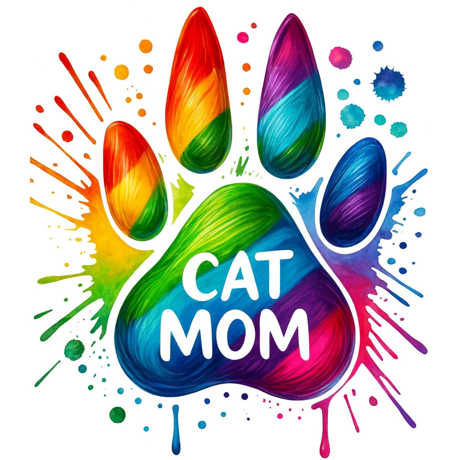 Colorful paw print with 'CAT MOM' text on a white background