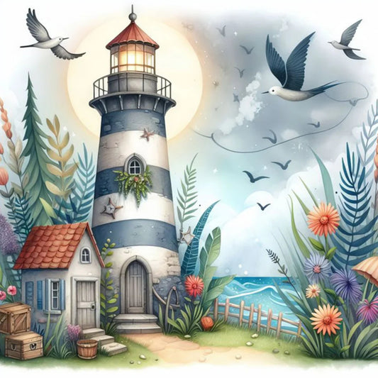  Lighthouse and cottage by the sea with flowers and birds. Coastal diamond painting kit. 