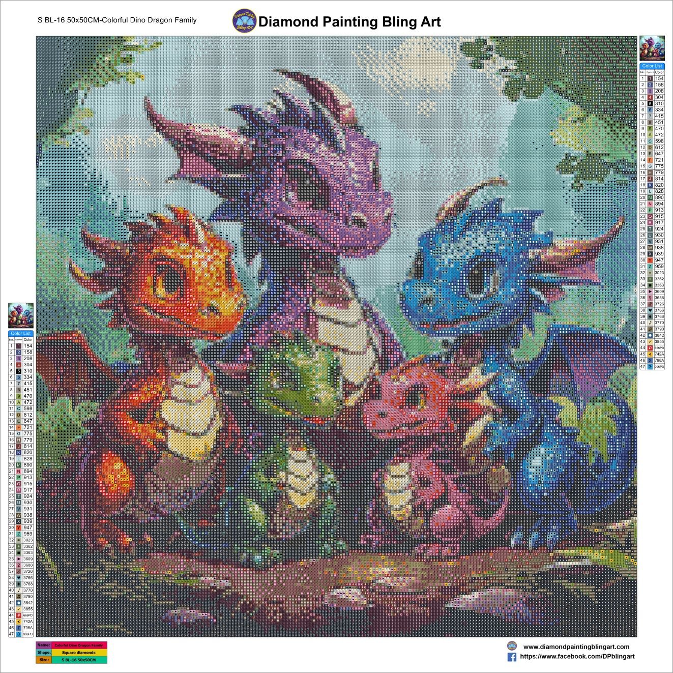 Colorful Dino Dragon Family - Diamond Painting Bling Art