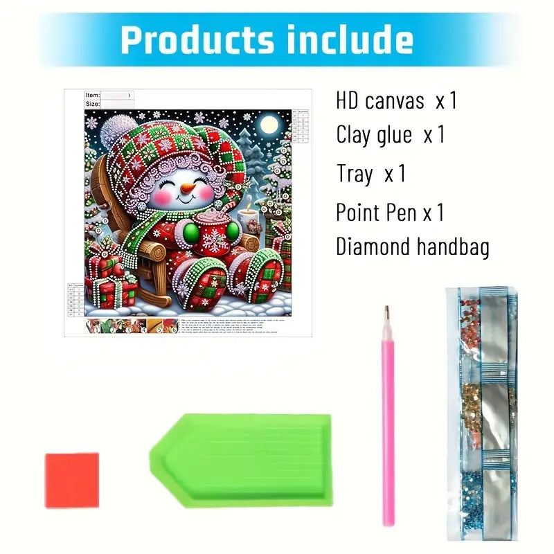 Product list with HD canvas, clay glue, tray, point pen, and diamond handbag on a white background.
