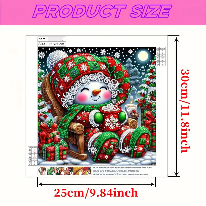 Christmas-themed diamond painting with snowman design, size chart, and product dimensions.