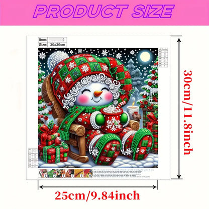 Christmas-themed diamond painting with snowman design, size chart, and product dimensions.