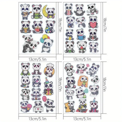 Set of panda-themed stickers with various designs and measurements.