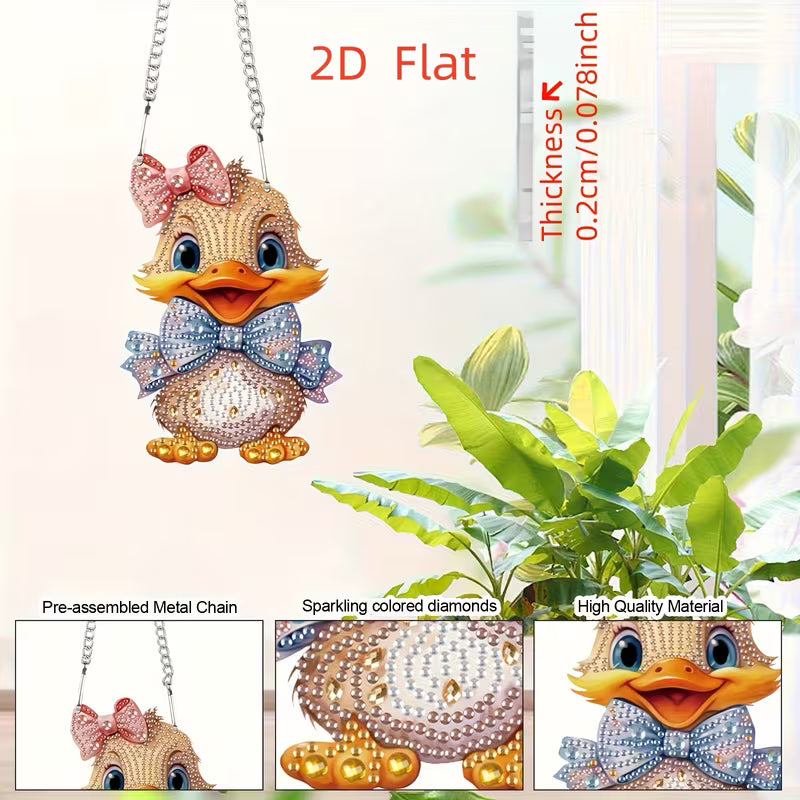A rhinestone duck-shaped pendant necklace shown on a white background with decorative text reading '2D Flat' and 'Thickness 0.2cm/0.