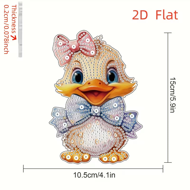 A 2D flat diamond painting or dot art design of a cute cartoon duck with a pink bow and a blue-gray bow, shown with dimension lines indicating a height of 15.6cm (5.