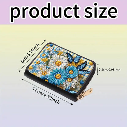 Floral patterned wallet with measurements on a light purple background