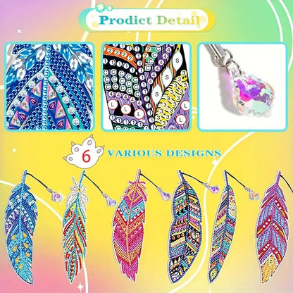Colorful feather-shaped bookmark with various designs on a gradient background