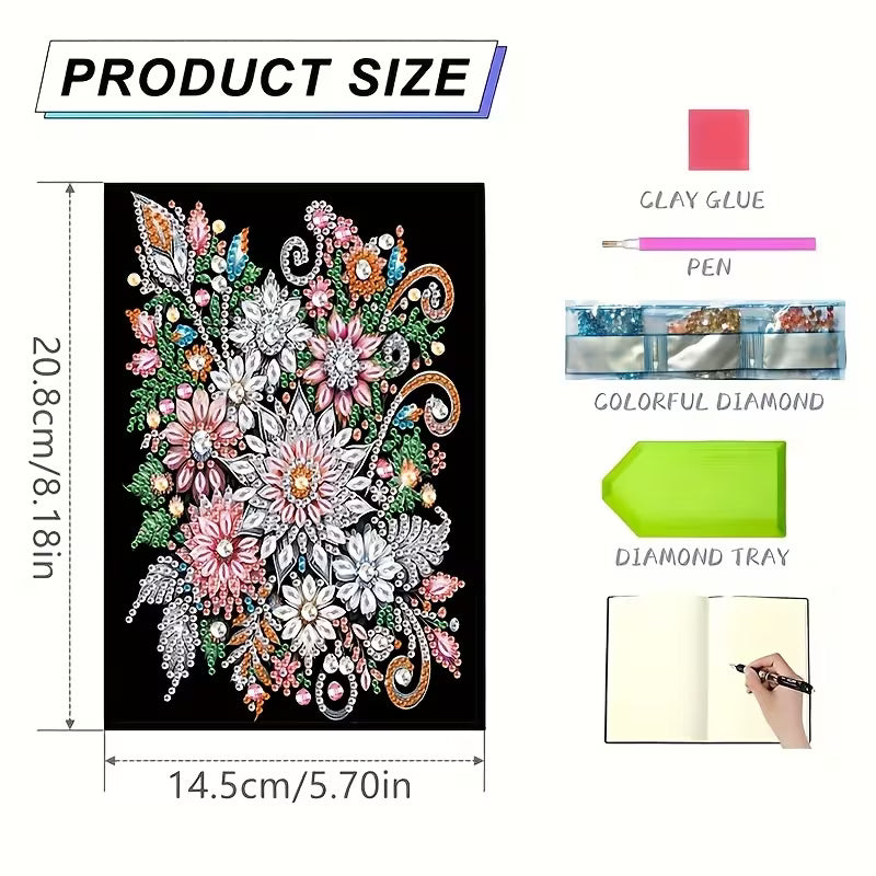 Product size diagram for a floral diamond painting or embroidery kit, showing a black canvas with a colorful floral design and dimensions of 20.8cm by 14.