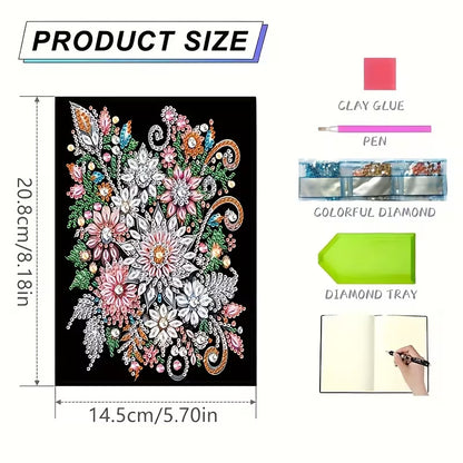 Product size diagram for a floral diamond painting or embroidery kit, showing a black canvas with a colorful floral design and dimensions of 20.8cm by 14.