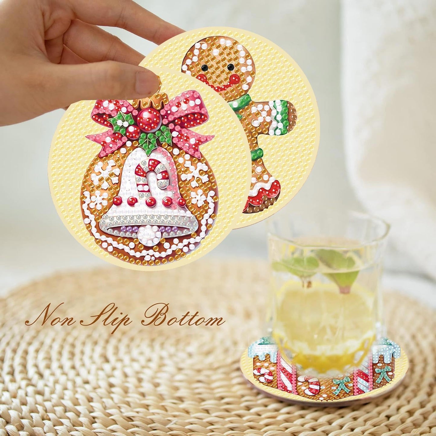 Decorative coaster with gingerbread man design held by a hand, placed on a woven surface.