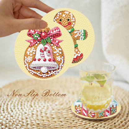 Decorative coaster with gingerbread man design held by a hand, placed on a woven surface.