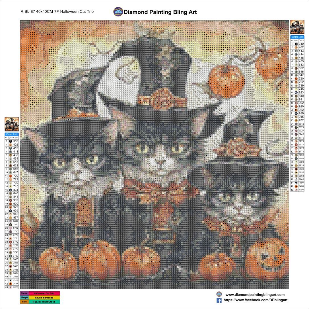 Halloween Cat Trio 40x40cm (16"x16") - Diamond Painting Bling Art