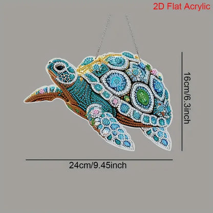 Colorful turtle-shaped acrylic decoration with measurements on a gray background