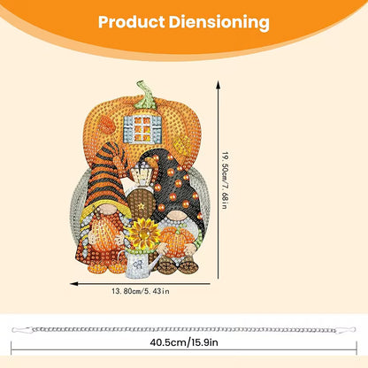 Product dimensions of a decorative item with pumpkins and gnomes on a beige background