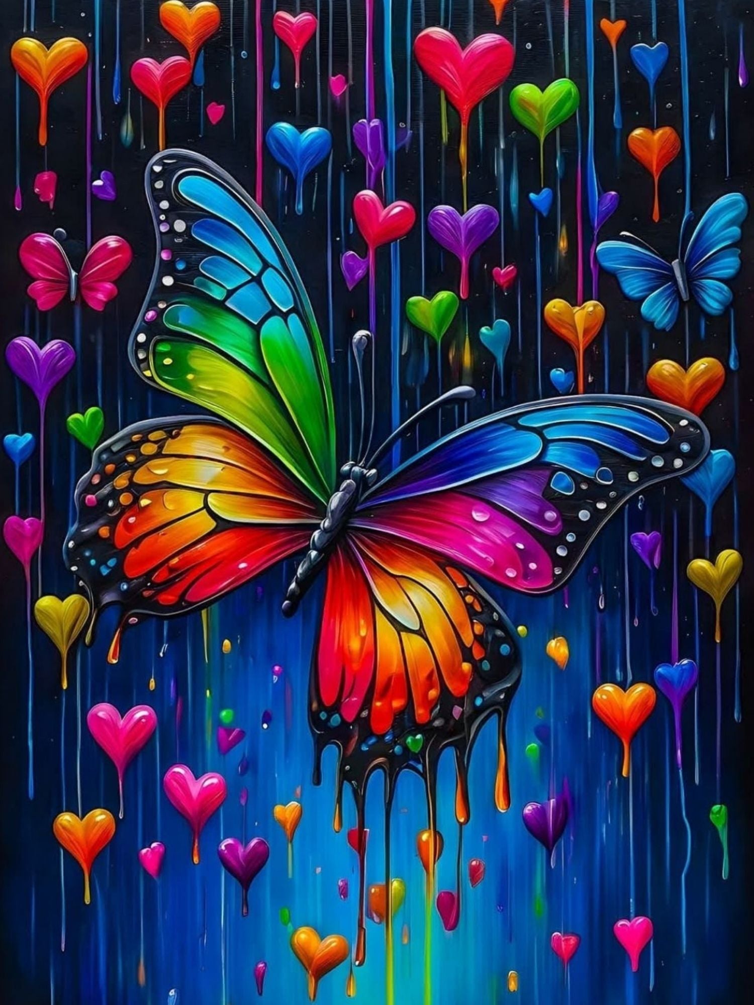 A diamond painting of a large rainbow-colored butterfly surrounded by colorful dripping hearts on a dark blue and black background.
