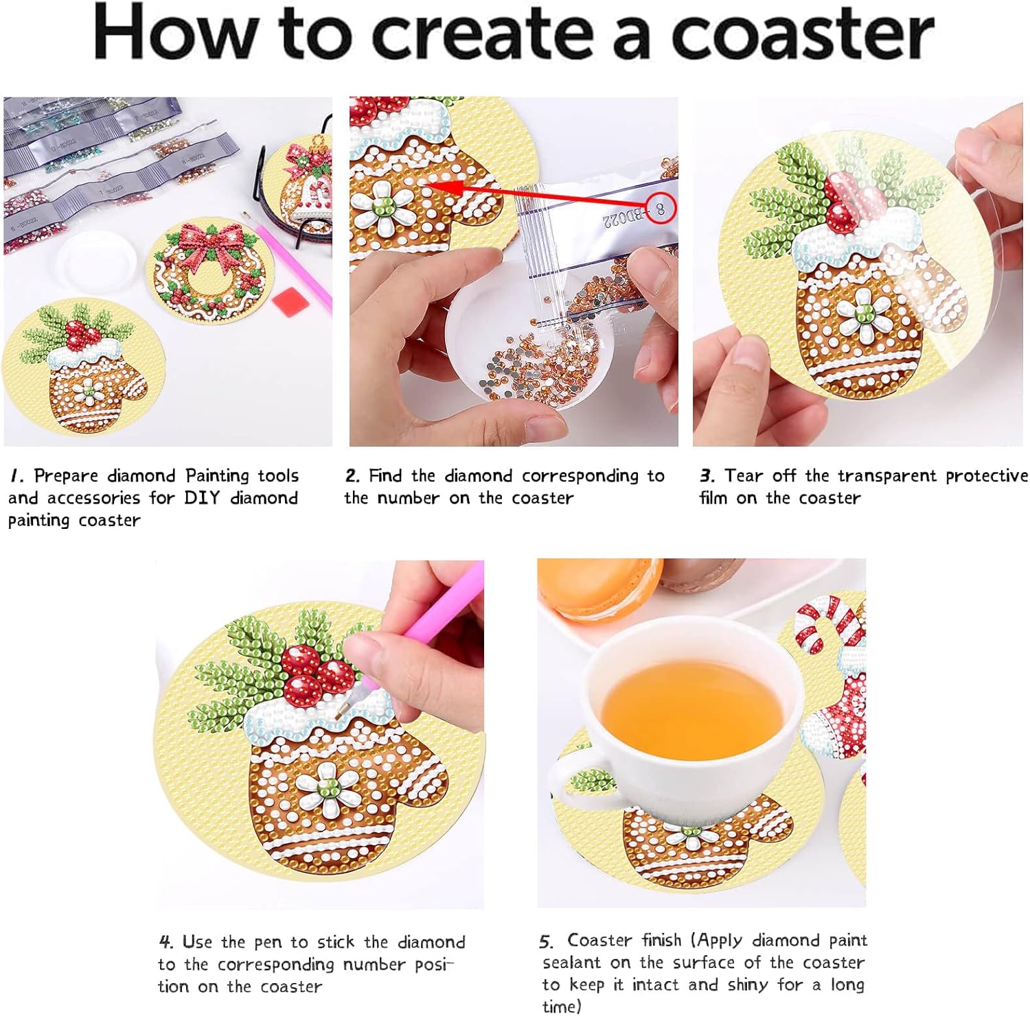 Step-by-step guide on creating a diamond-painted coaster with images and text.