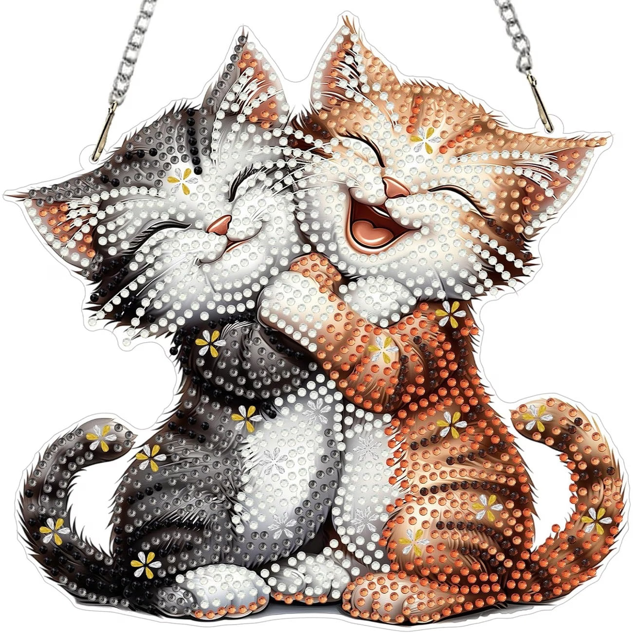 Two cats, one black and white and one orange and white, sitting together on a clear background.