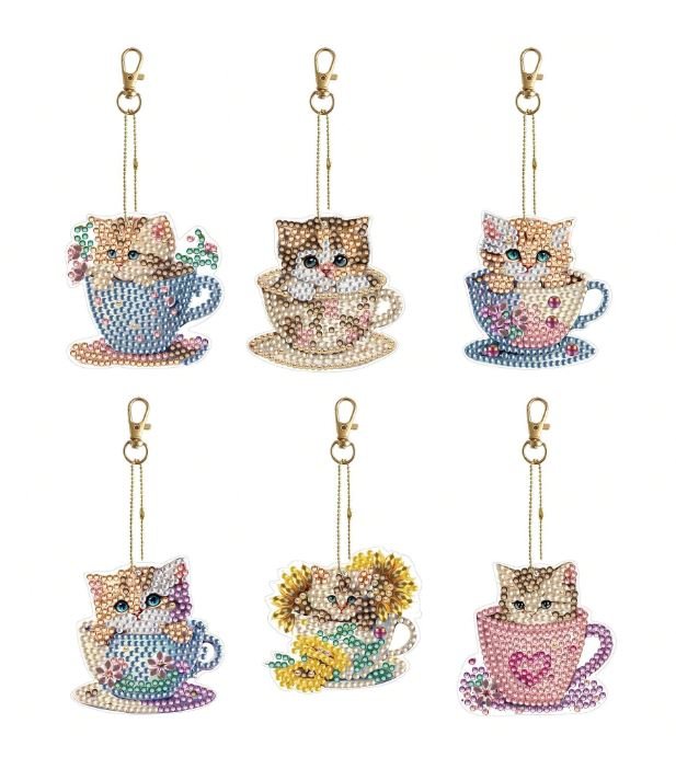 Kitty Cat in a Cup Key Chains - Diamond Painting Bling Art