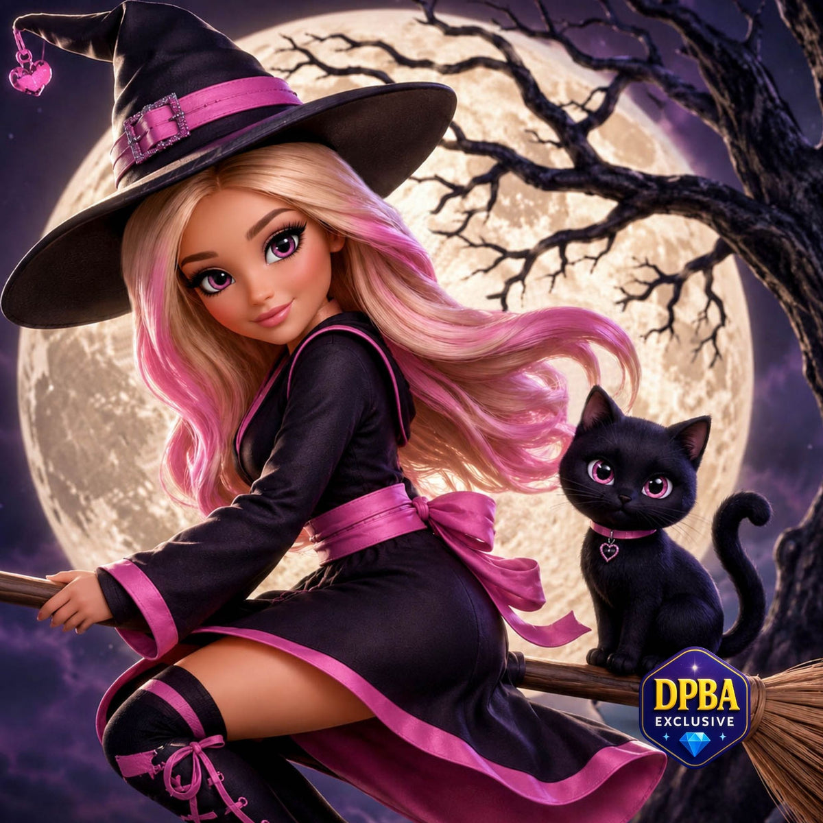 A stylized illustration of a blonde girl with pink streaks wearing a black witch hat and black dress with pink trim, sitting on a broomstick beside a black cat, in front of a large full moon and bare tree branches. A 'DPBA EXCLUSIVE' badge appears in the lower right corner.