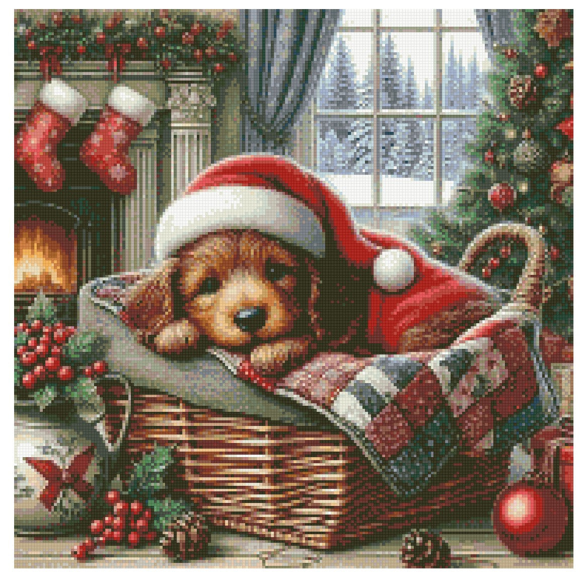 Christmas-themed diamond painting pattern with a puppy  in a Santa hat, Christmas tree, and stockings.