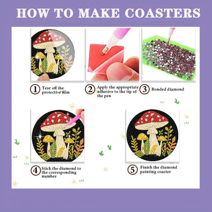 DIY 6-Piece Whimsical Mushroom Diamond Painting Coaster Kit