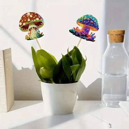 Decorative diamond art mushroom plant sticks in a pot with a water bottle in the background