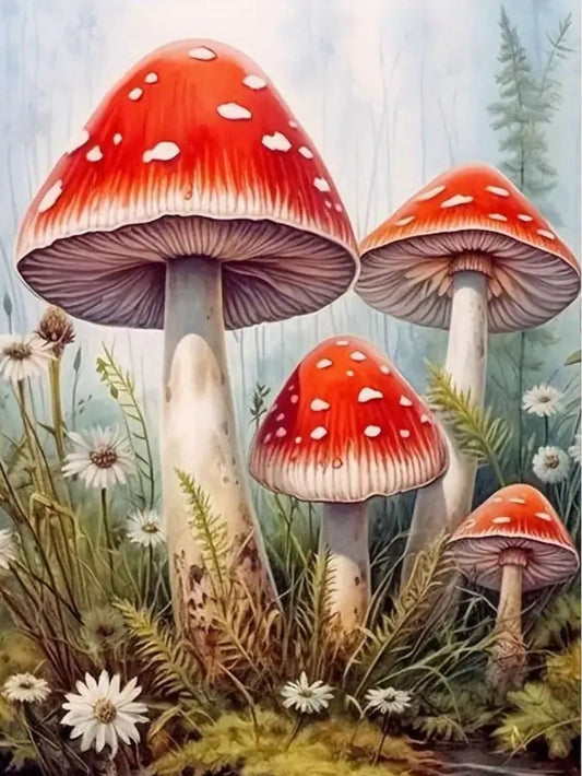 A diamond painting design featuring a cluster of red and white-spotted mushrooms among small white flowers and ferns in a whimsical forest setting.