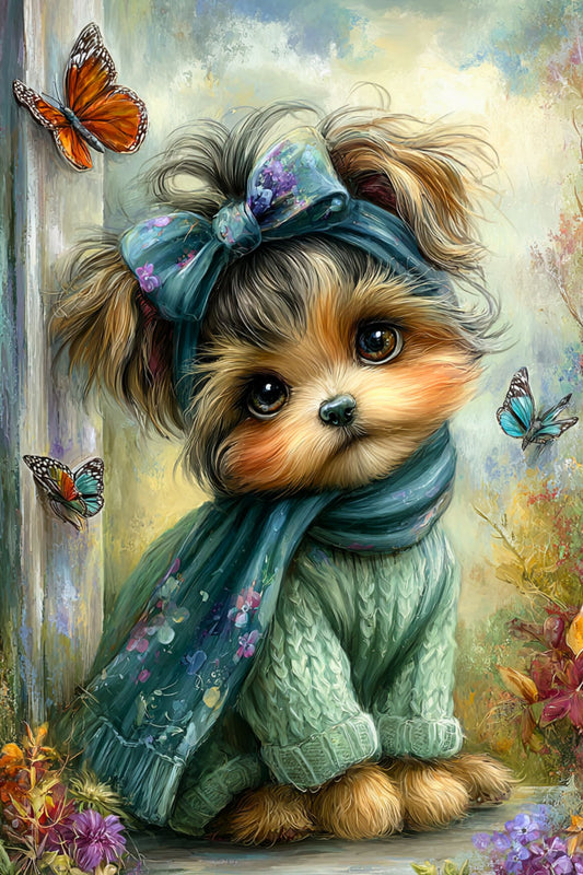 Illustration of a small dog wearing a green sweater and blue scarf with butterflies and flowers in the background.