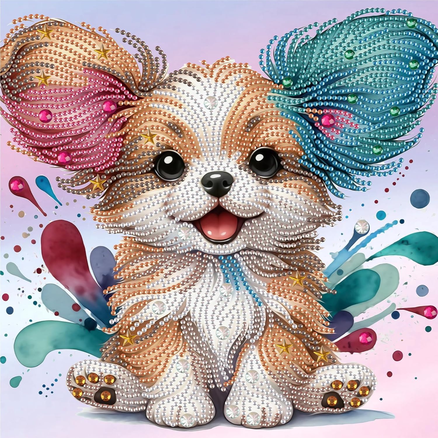 A diamond painting kit featuring a cute, cartoon-style dog with a paint-splatter background in multiple colors.