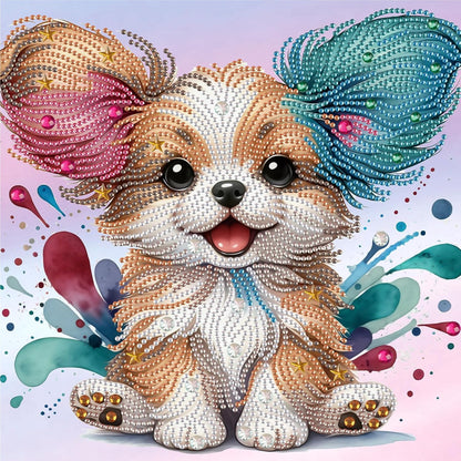A diamond painting kit featuring a cute, cartoon-style dog with a paint-splatter background in multiple colors.