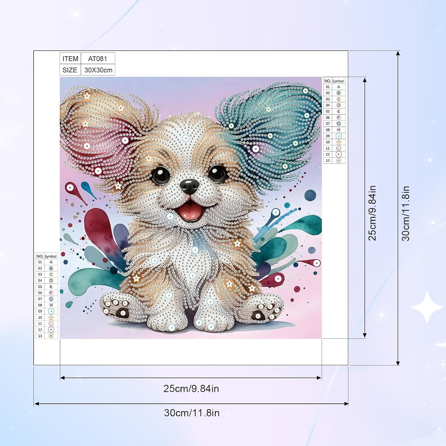 Decorative diamond painting of a dog with colorful elements on a light purple background