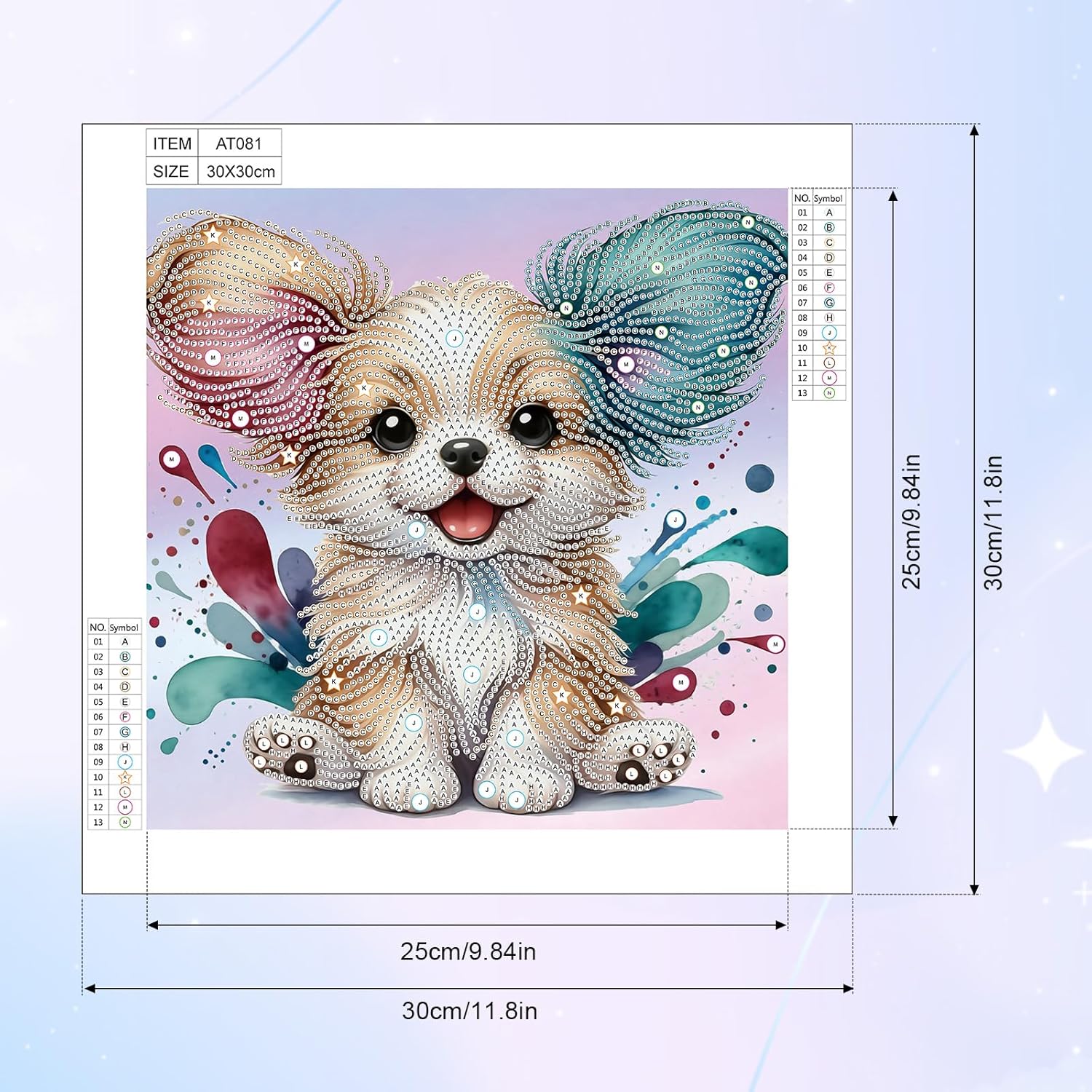 Decorative diamond painting of a dog with colorful elements on a light purple background