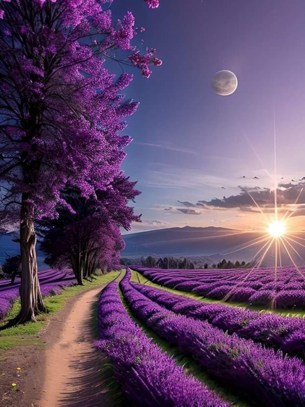 Field of purple flowers and trees with a path to a sunset diamond art kit