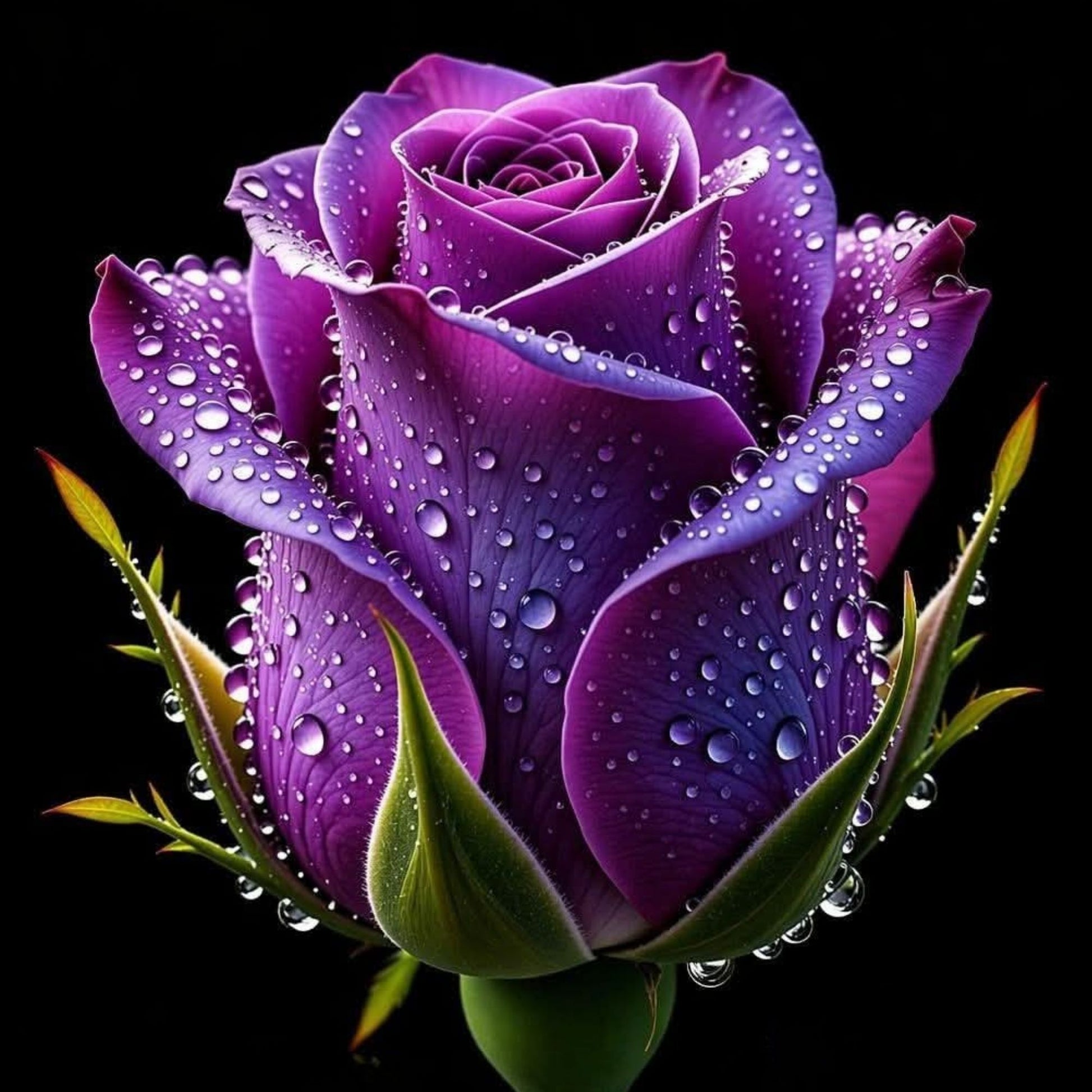 Purple rose with water droplets on a black background