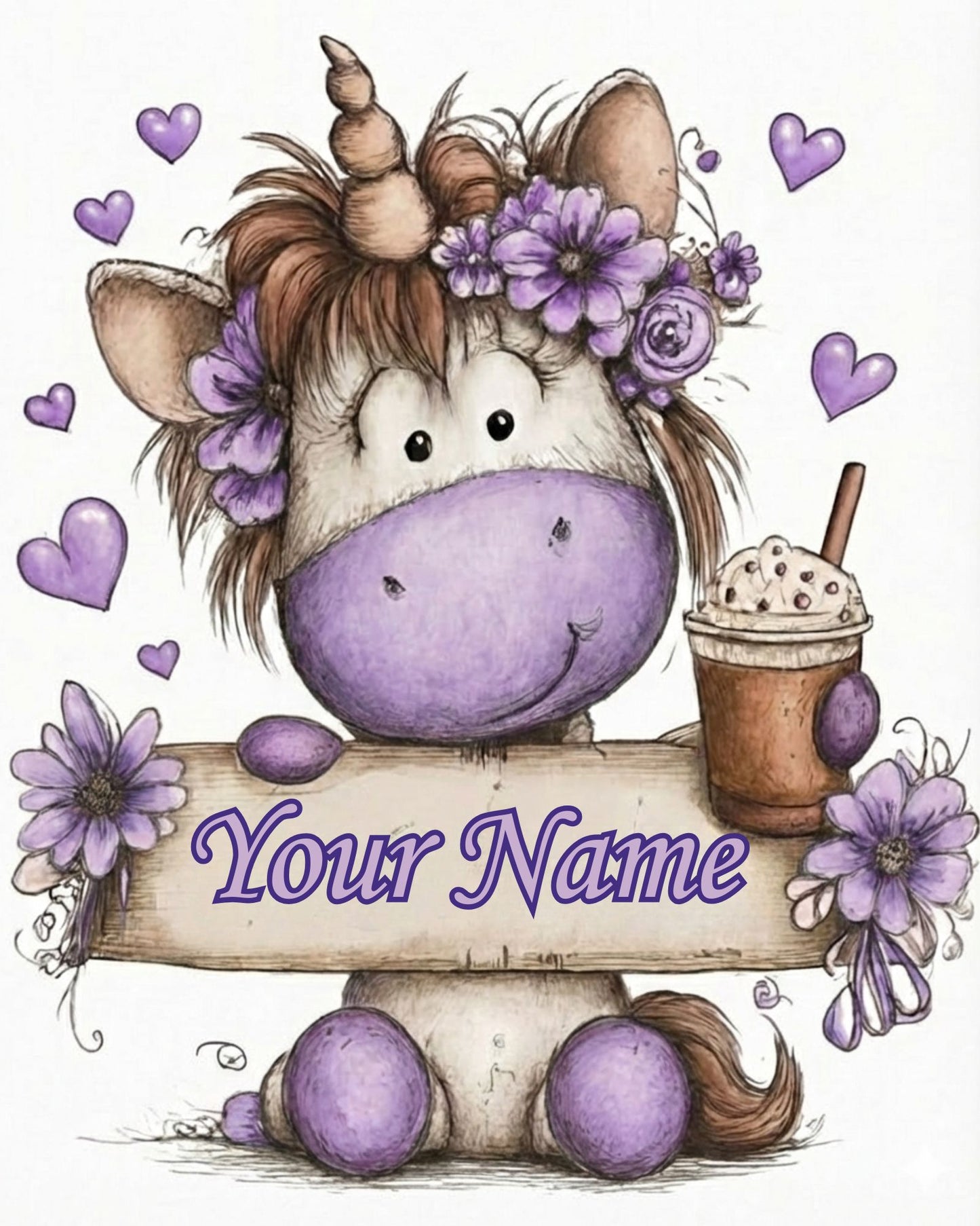 Cartoon unicorn with purple accents and flowers, holding a sign with 'Your Name' text.