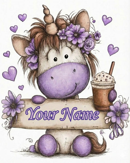 Cartoon unicorn with purple accents and flowers, holding a sign with 'Your Name' text.