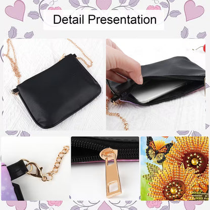 Black handbag with gold chain and clasp on a floral background