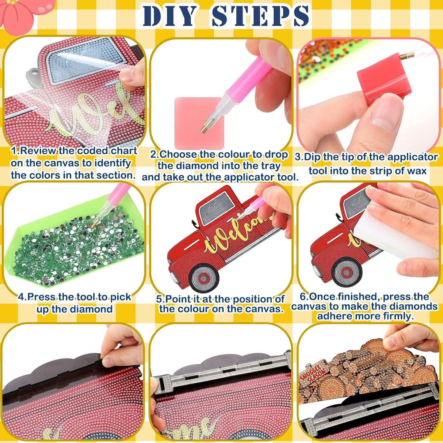 Step-by-step guide for a DIY diamond painting project with text and images of tools and materials.