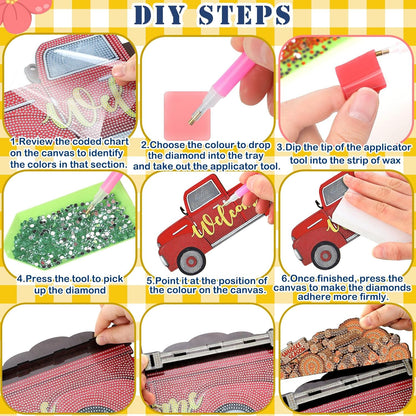 Step-by-step guide for a DIY diamond painting project with text and images of tools and materials.