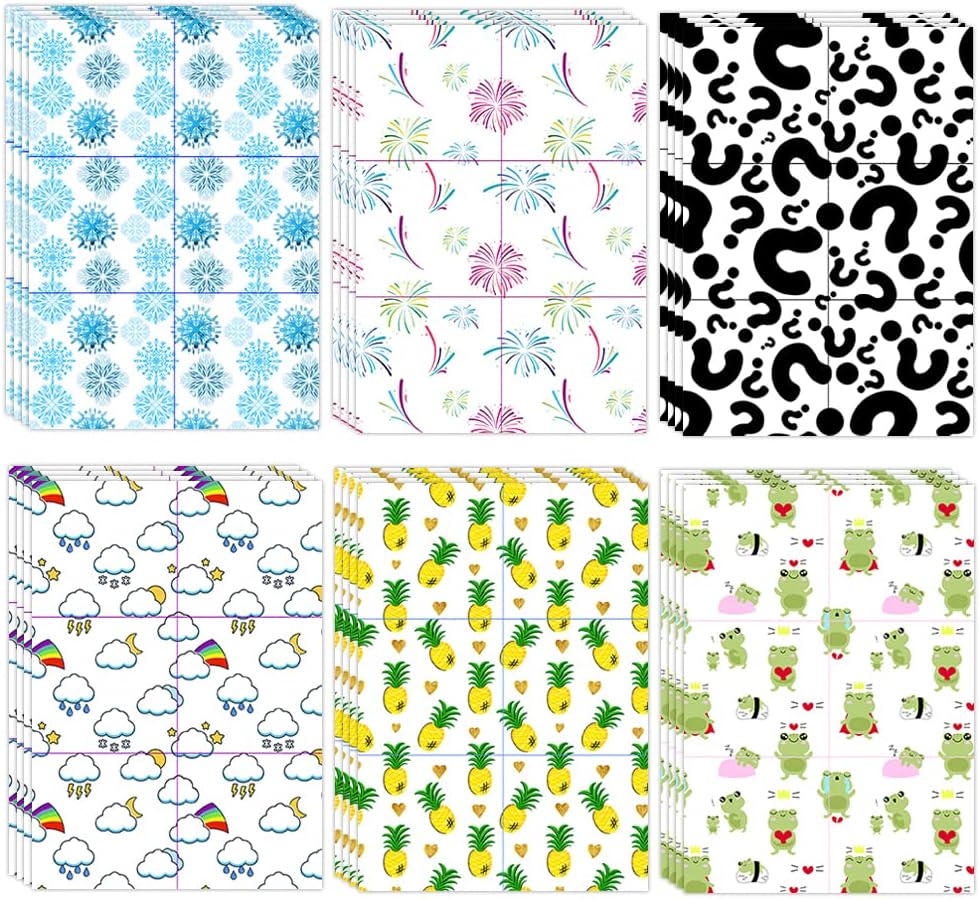 Collection of patterned paper sheets with various designs including snowflakes, fireworks, rainbows, pineapples, and frogs.