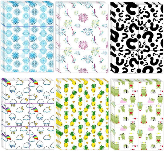 Collection of patterned paper sheets with various designs including snowflakes, fireworks, rainbows, pineapples, and frogs.