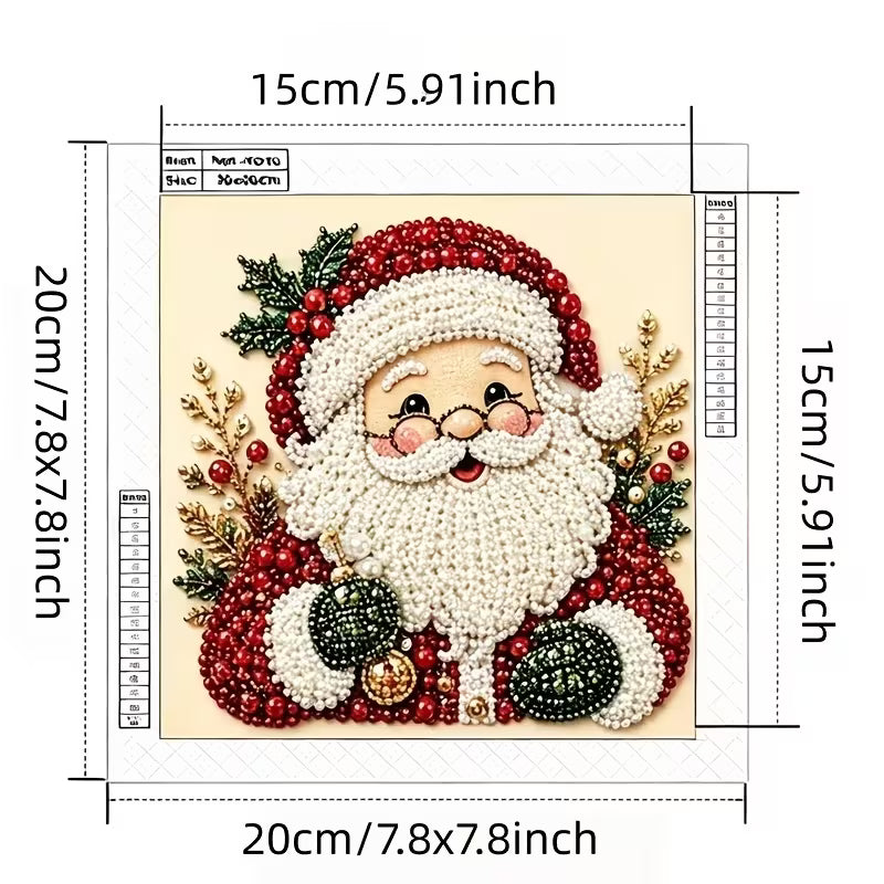 A dimension diagram of a Christmas Santa face craft or diamond painting design, showing measurements of 20cm by 15cm with labeled inch conversions around the artwork.
