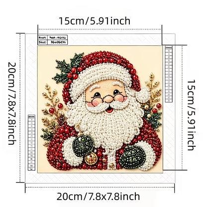 A dimension diagram of a Christmas Santa face craft or diamond painting design, showing measurements of 20cm by 15cm with labeled inch conversions around the artwork.