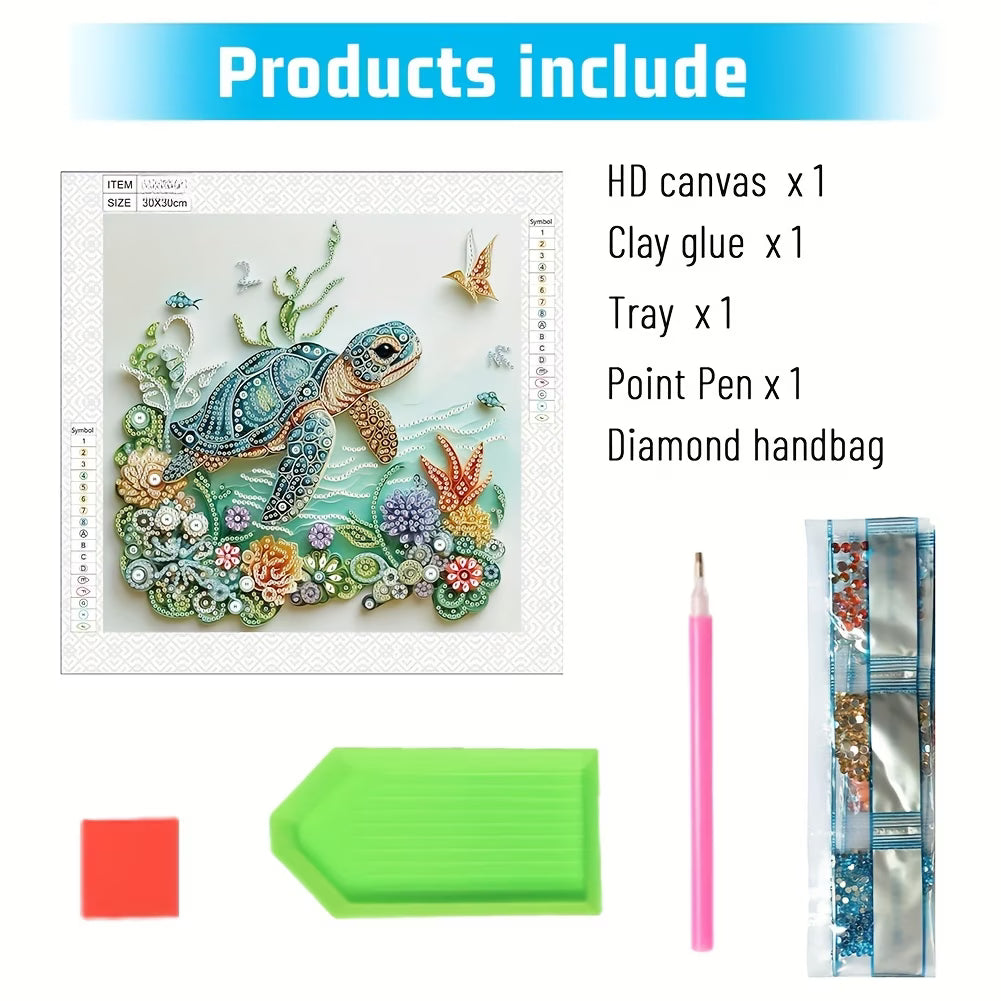 Set of products including an HD canvas with a turtle design, clay glue, tray, point pen, and diamond handbag on a white background.