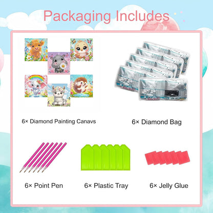 Product packaging list with diamond painting supplies including canvases, bags, point pens, plastic trays, and jelly glue.