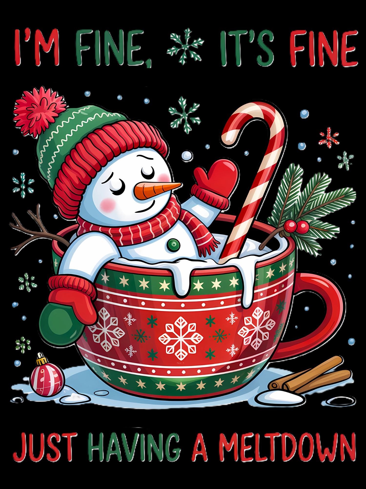 Snowman in a mug with candy cane, surrounded by Christmas elements on a black background.